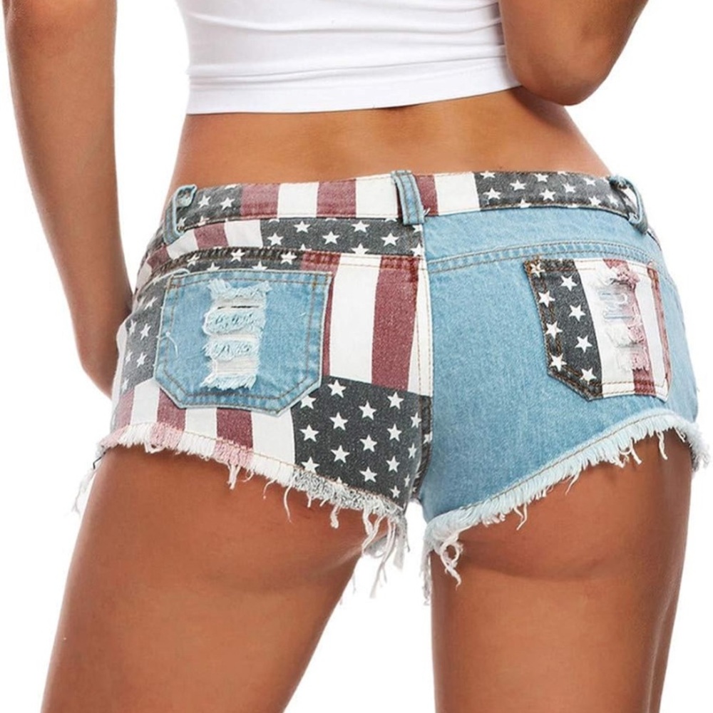 American Flag denim shorts cowgirl rodeo USA 4th of July. 250! Parade beach L - Picture 6 of 6